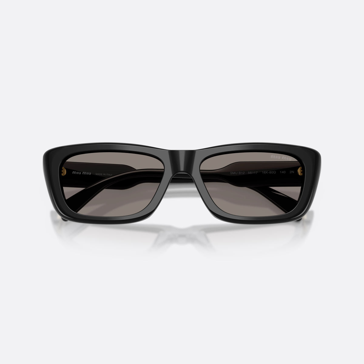 Miu Miu MU B12S 16K80Q sunglasses, black rectangle frame for women, plain bridge, integrated into frame, full-rim frame, folded
