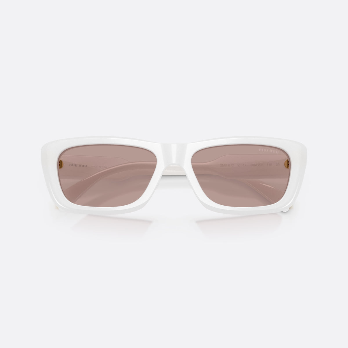 Miu Miu MU B12S 20M20I sunglasses, white rectangle frame for women, plain bridge, integrated into frame, full-rim thick frame, folded
