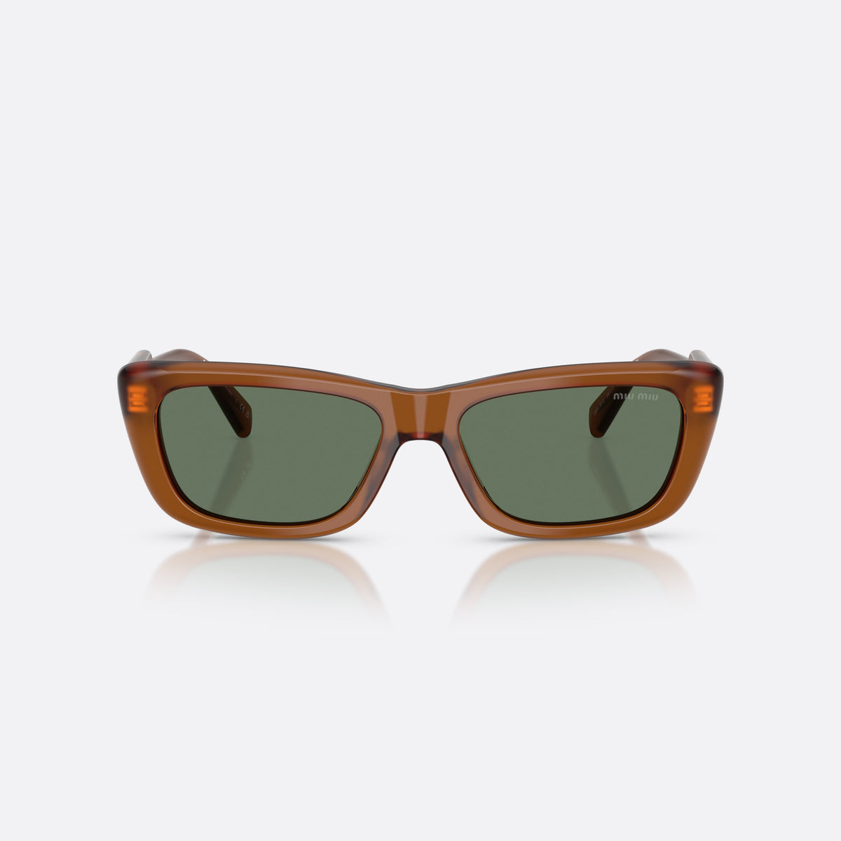 Miu Miu MU B12S 22I70L sunglasses, brown rectangle frame for women, plain acetate bridge, brand lettering on temples, front view
