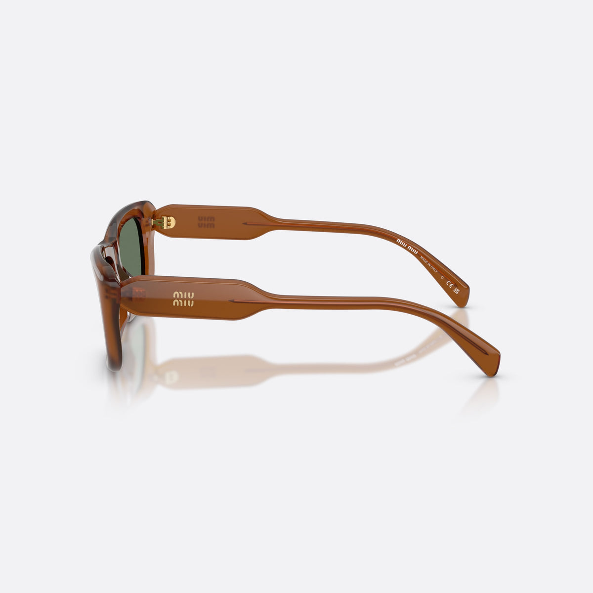 Miu Miu MU B12S 22I70L sunglasses, brown rectangle frame for women, plain acetate bridge, brand lettering on temples, side view