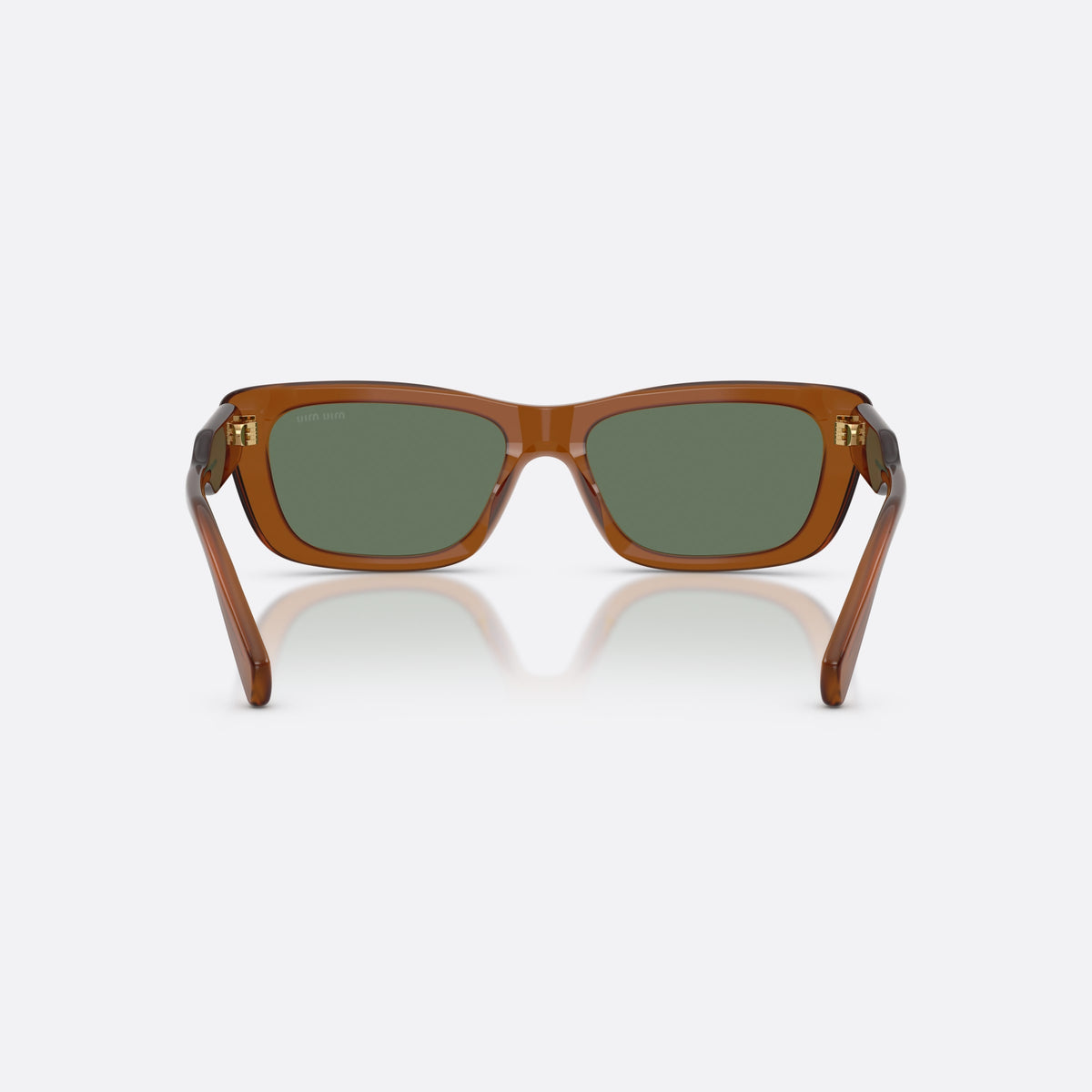 Miu Miu MU B12S 22I70L sunglasses, brown rectangle frame for women, plain acetate bridge, brand lettering on temples, back view