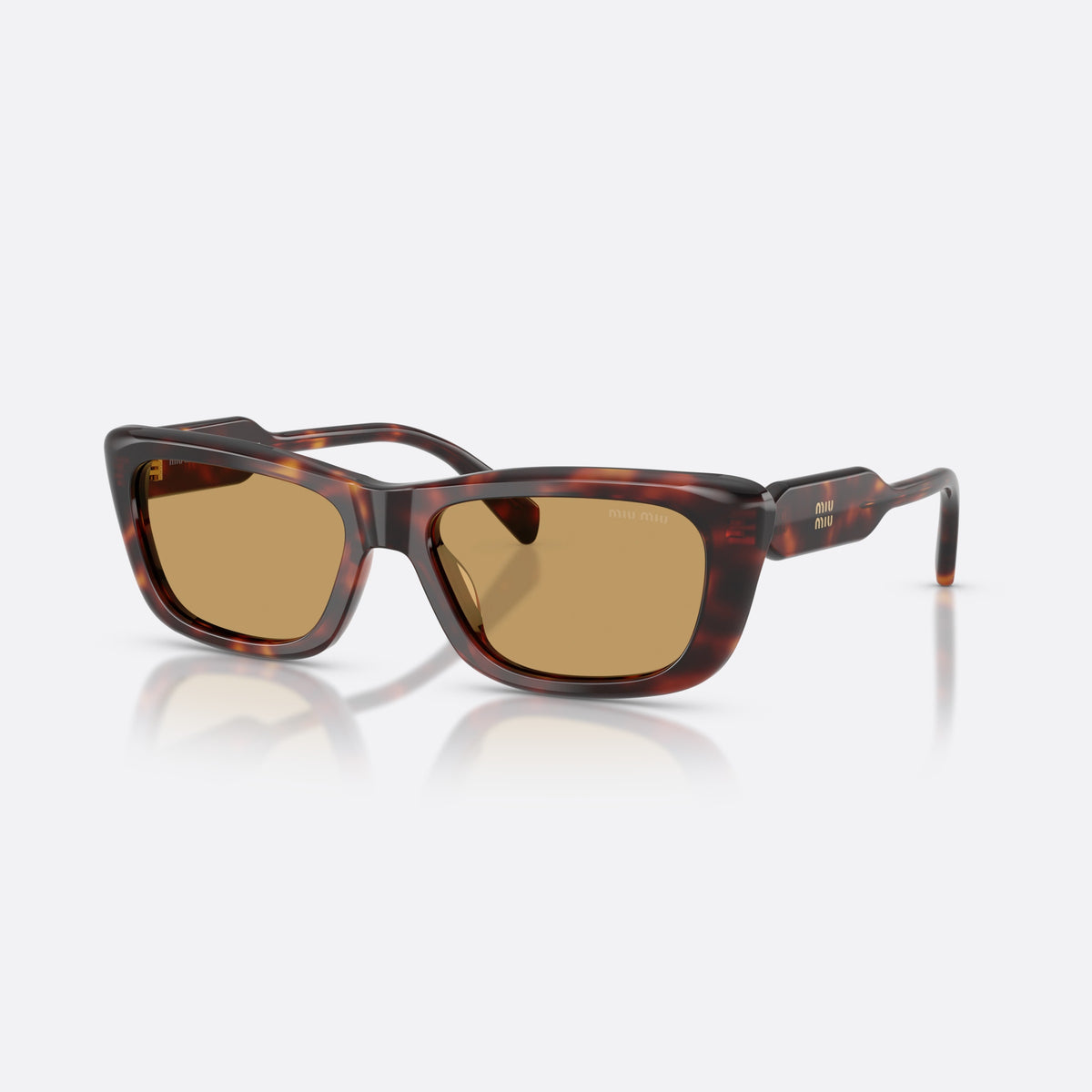 Miu Miu MU B12S 27L10Y sunglasses, havana rectangle frame for women, plain bridge with contour, brand lettering on temples