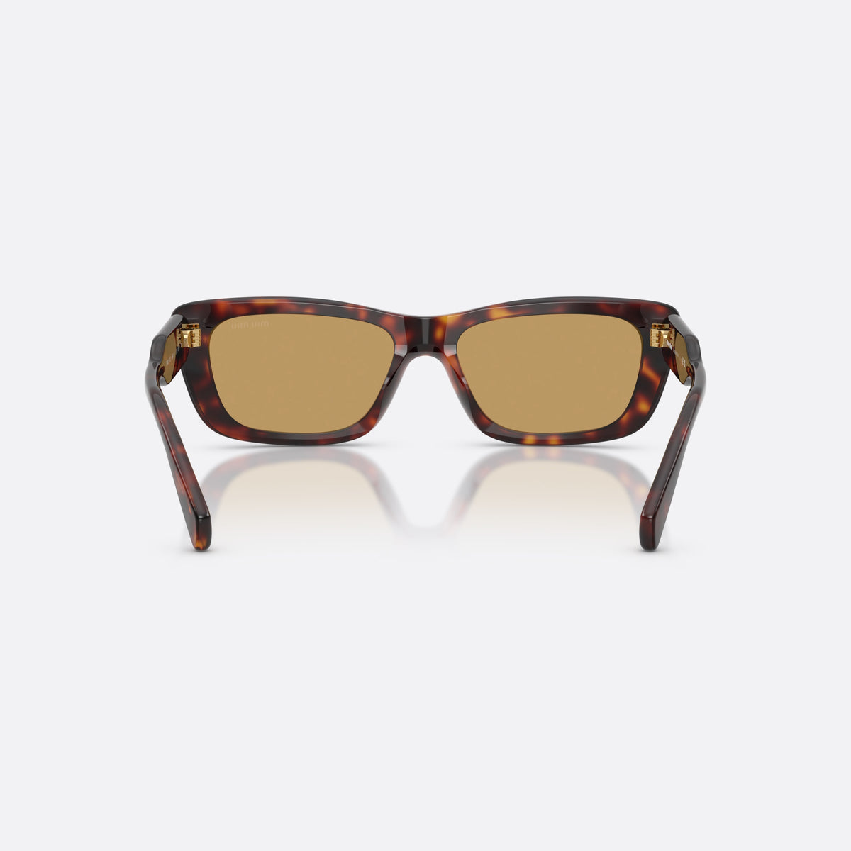 Miu Miu MU B12S 27L10Y sunglasses, havana rectangle frame for women, plain bridge with contour, brand lettering on temples, back view