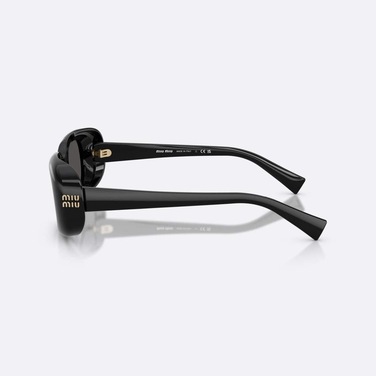 Miu Miu MU B13S 16K08Z sunglasses, black rectangle frame for women, plain bridge, integrated into frame, wide tapered temples, side view