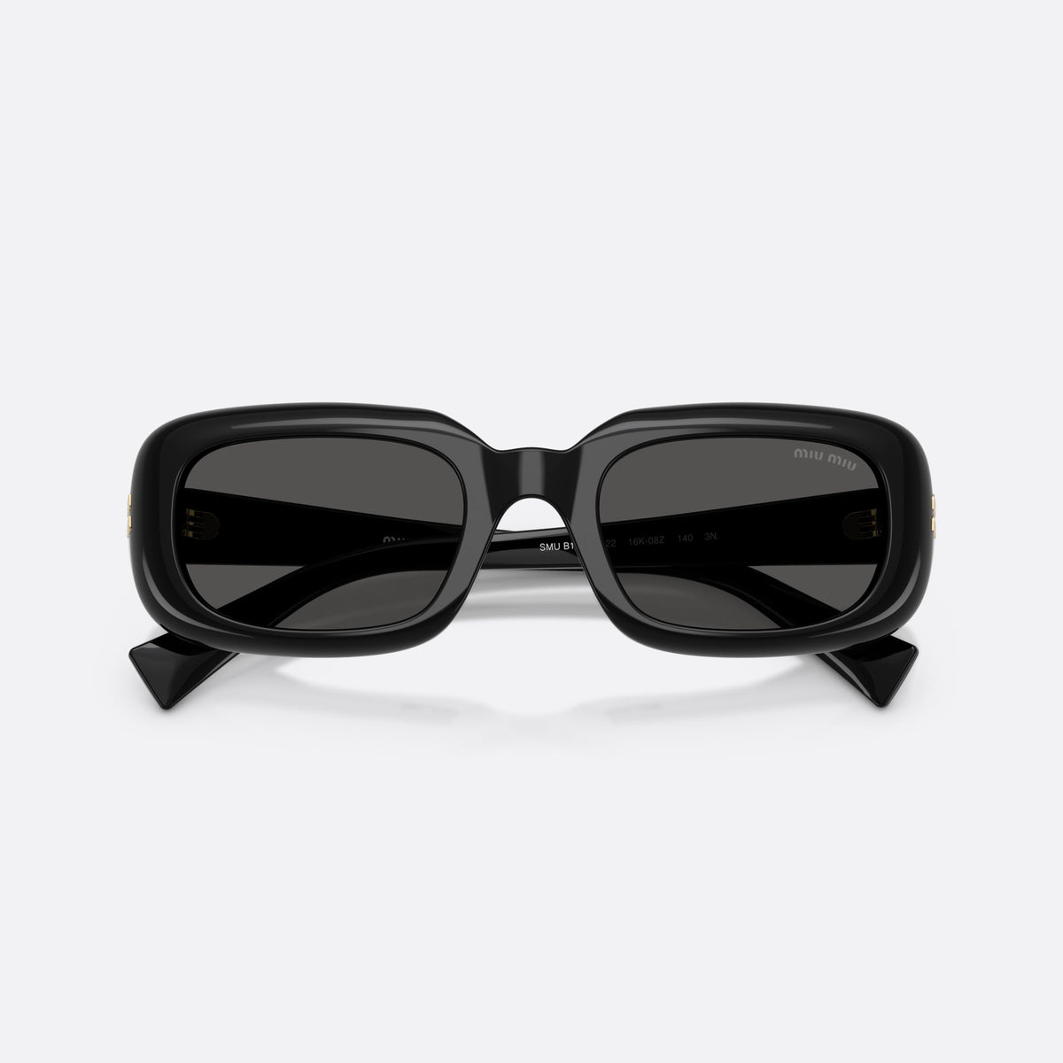 Miu Miu MU B13S 16K08Z sunglasses, black rectangle frame for women, plain bridge, integrated into frame, wide tapered temples, folded