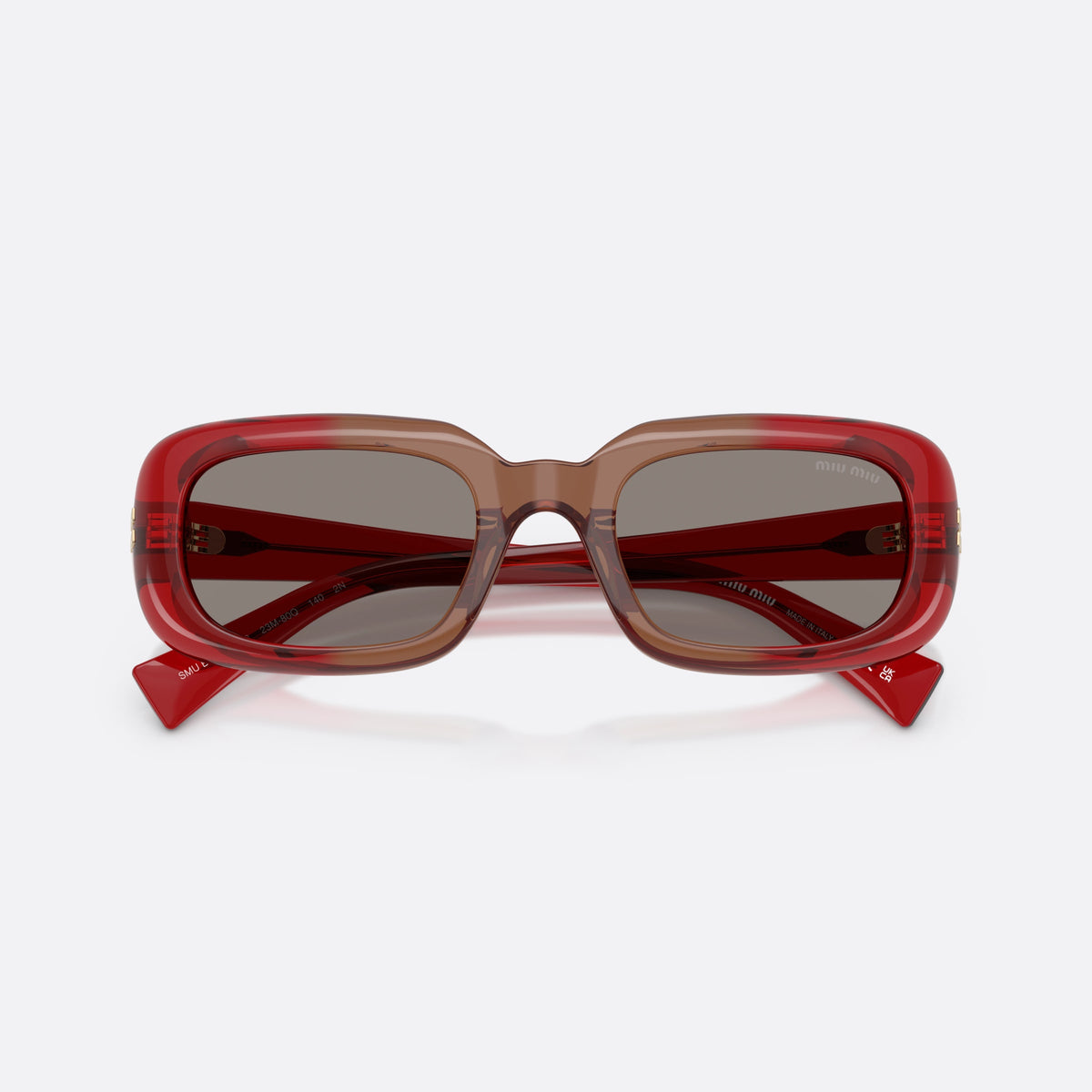 Miu Miu MU B13S 23M80Q sunglasses, red rectangle frame for women, plain bridge joining lenses, full-rim thick frame, folded