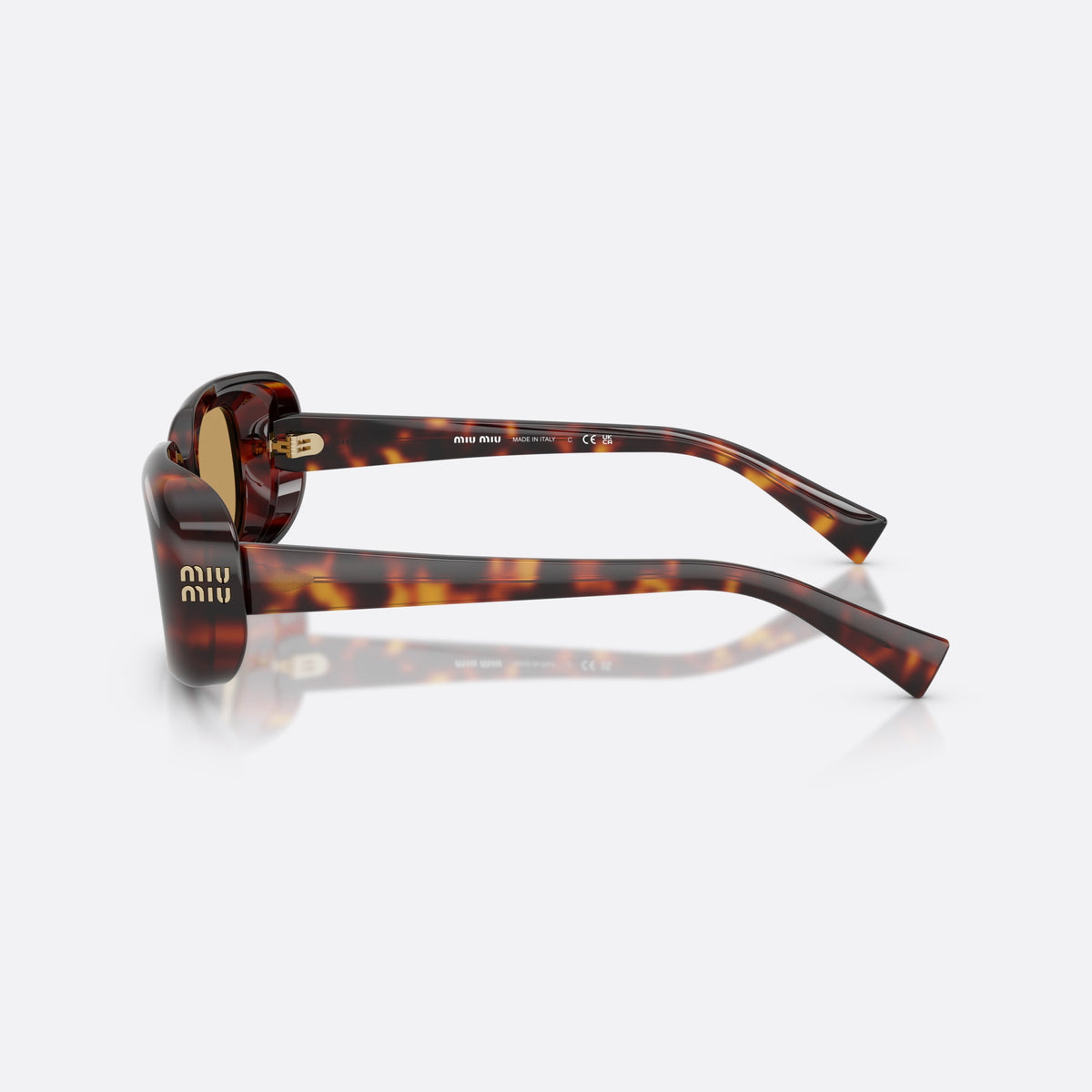 Miu Miu MU B13S 27L10Y sunglasses, havana rectangle frame for women, plain bridge, brand lettering on temples, full-rim frame, side view