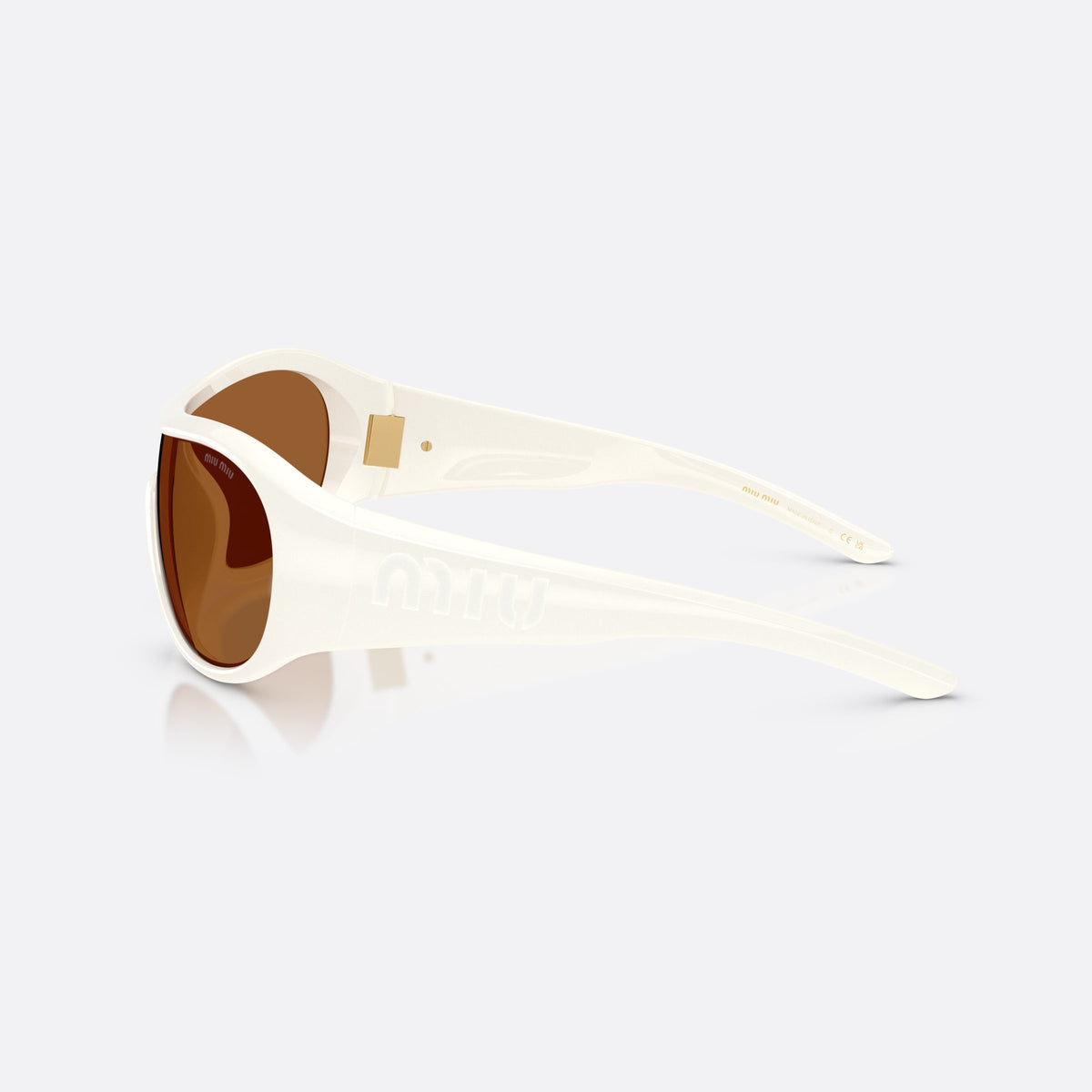 Miu Miu MU B14SU 17K20V sunglasses, white irregular frame for women, brand lettering on the temples, wide sculpted temples, side view