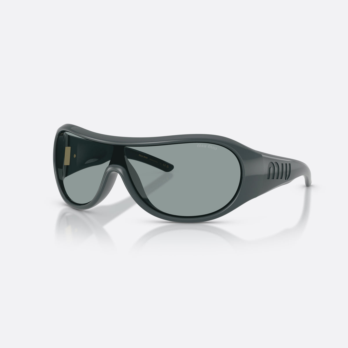 Miu Miu MU B14SU 25N70M sunglasses, grey irregular frame for women, brand lettering on temples, wide temples with ribbed detail