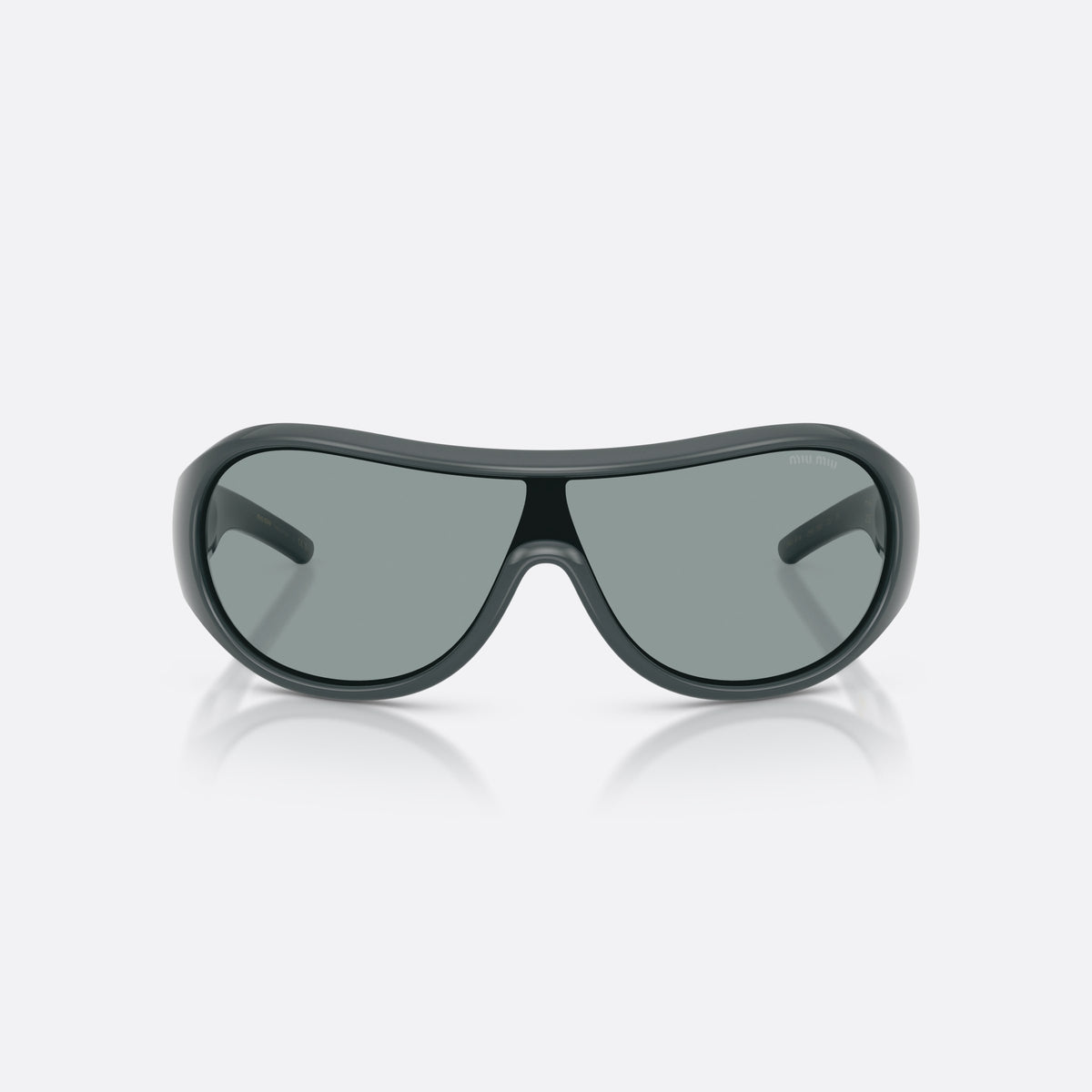 Miu Miu MU B14SU 25N70M sunglasses, grey irregular frame for women, brand lettering on temples, wide temples with ribbed detail, front view