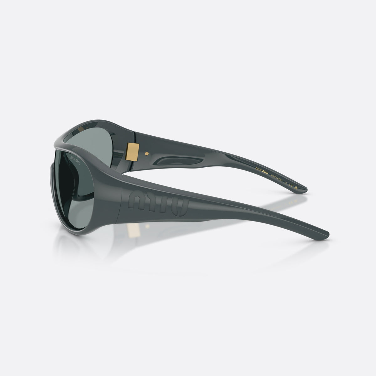 Miu Miu MU B14SU 25N70M sunglasses, grey irregular frame for women, brand lettering on temples, wide temples with ribbed detail, side view