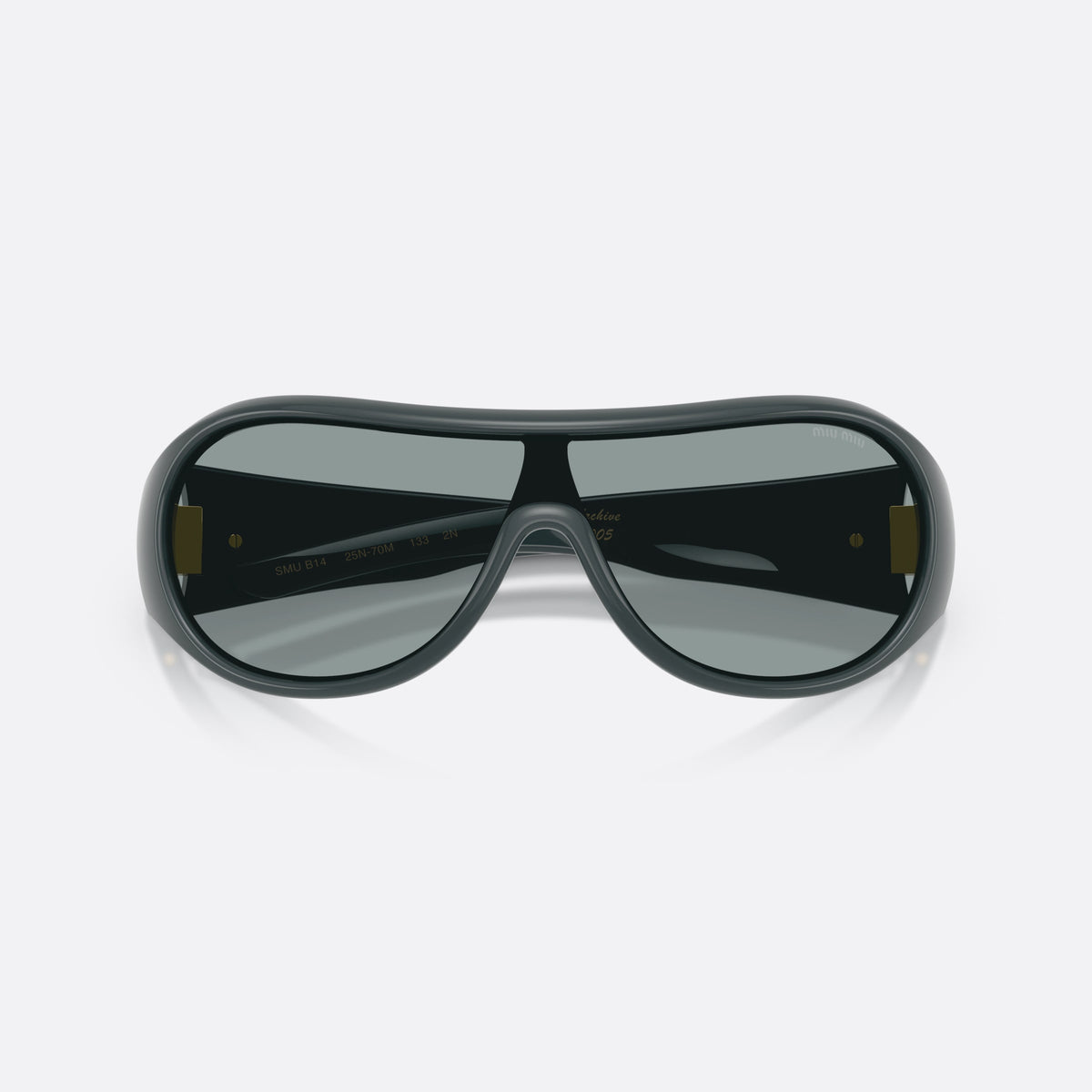Miu Miu MU B14SU 25N70M sunglasses, grey irregular frame for women, brand lettering on temples, wide temples with ribbed detail, folded