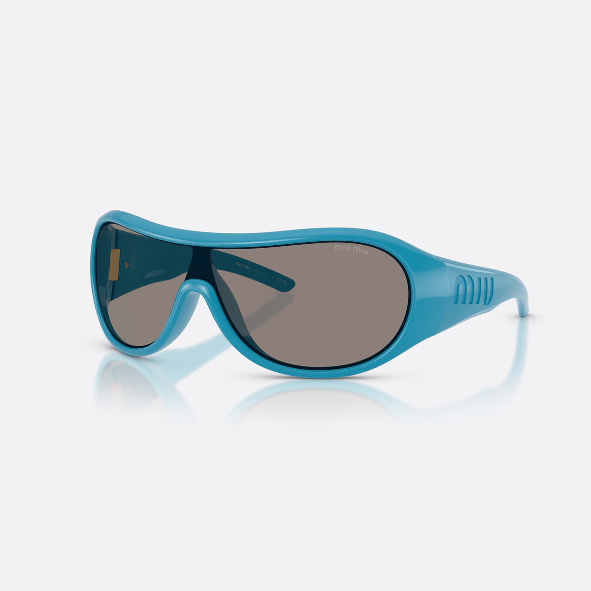 Miu Miu MU B14SU 26N80Q sunglasses, blue irregular frame for women, brand lettering on temple, wide temples with ribbed detail