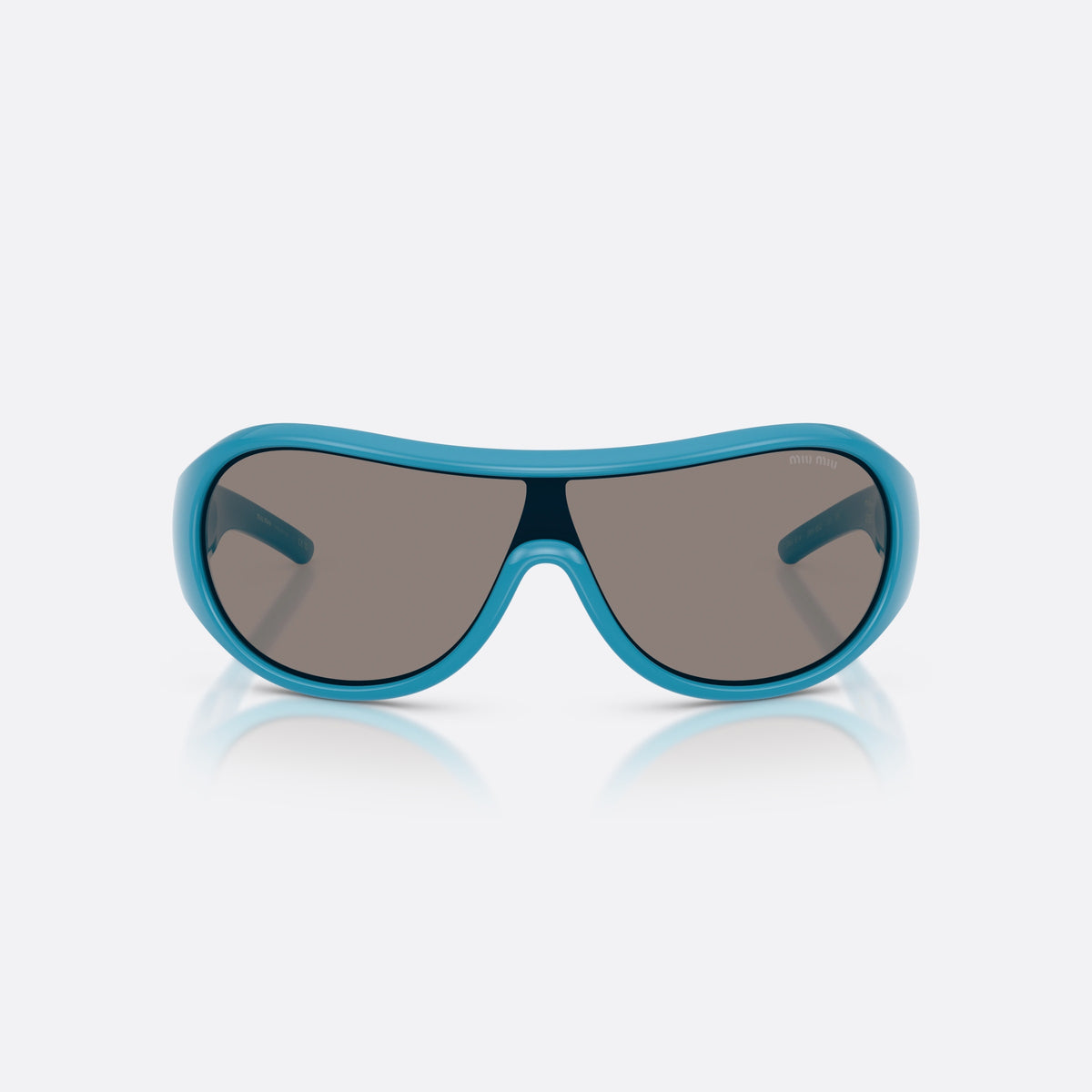 Miu Miu MU B14SU 26N80Q sunglasses, blue irregular frame for women, brand lettering on temple, wide temples with ribbed detail, front view
