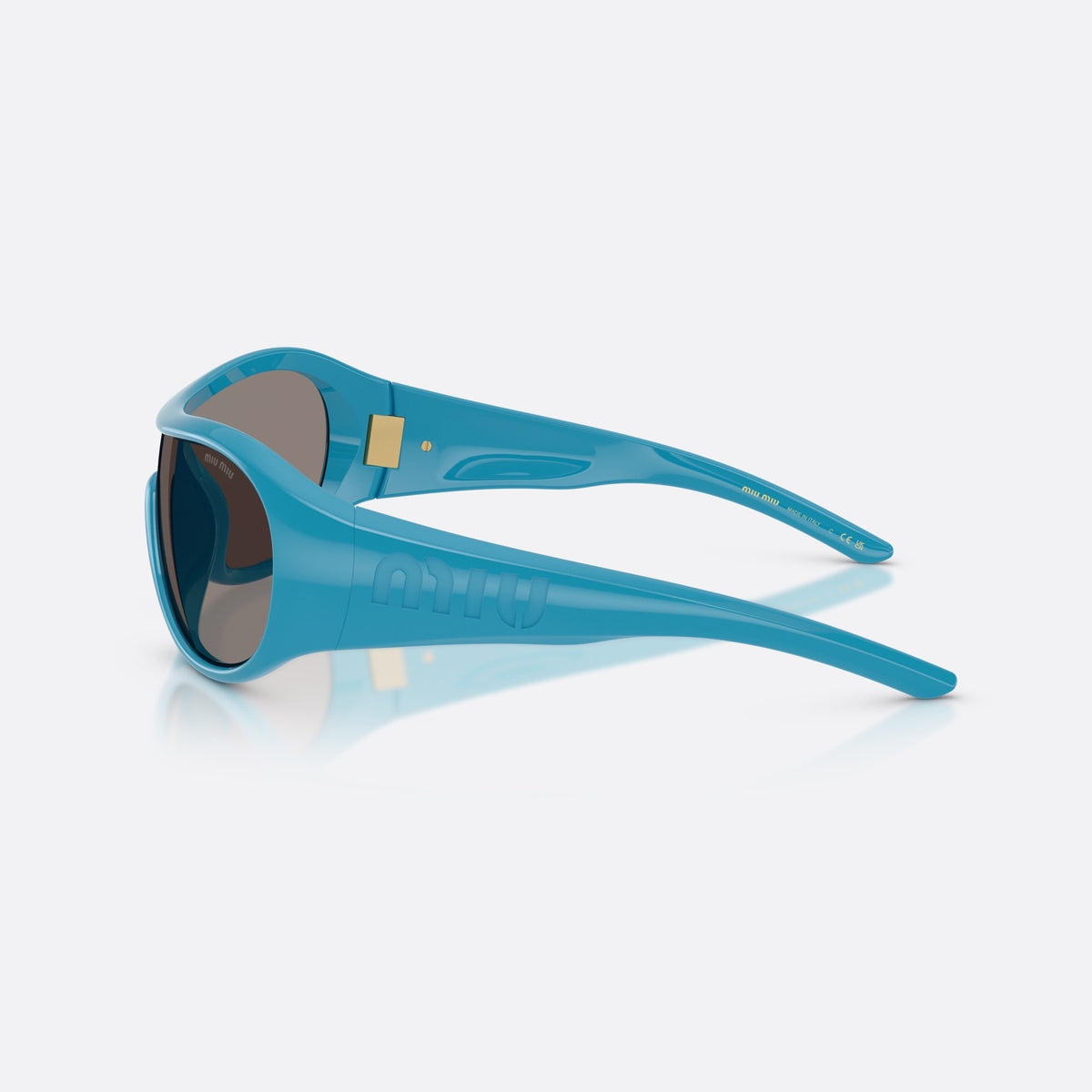 Miu Miu MU B14SU 26N80Q sunglasses, blue irregular frame for women, brand lettering on temple, wide temples with ribbed detail, side view