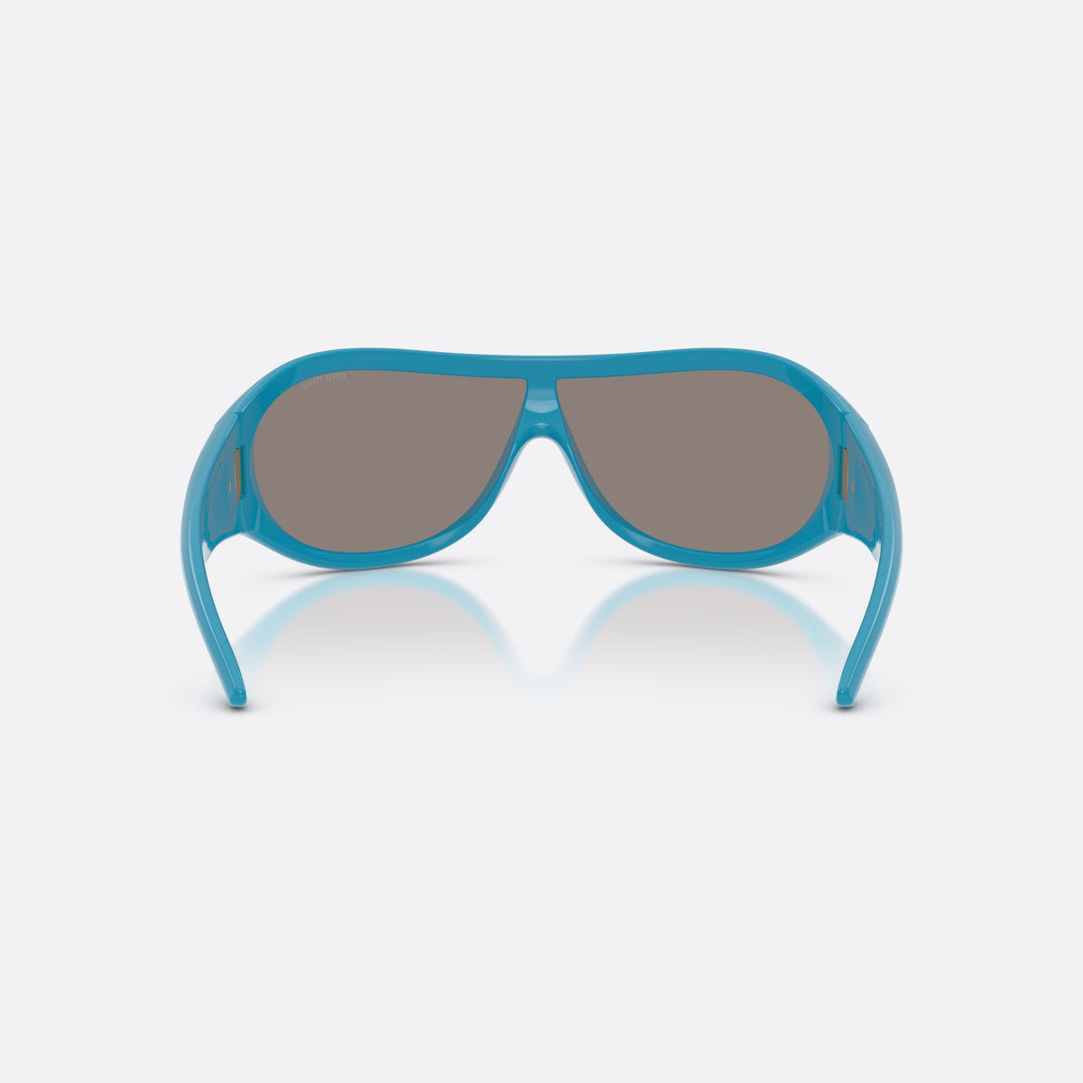 Miu Miu MU B14SU 26N80Q sunglasses, blue irregular frame for women, brand lettering on temple, wide temples with ribbed detail, back view