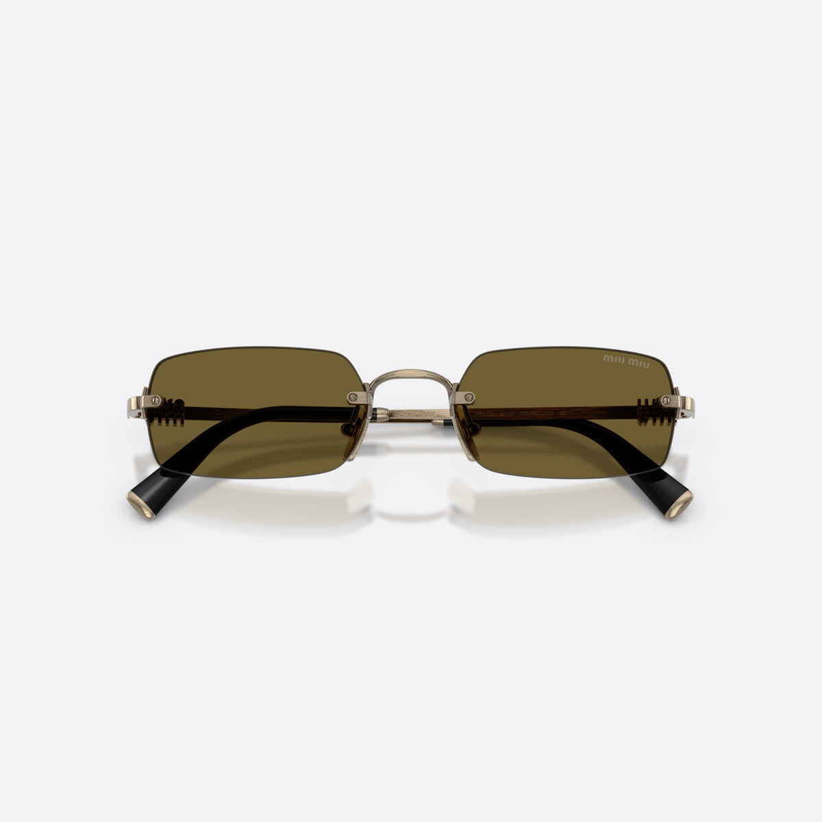 Miu Miu MU B50S 26C09Z sunglasses, gold rectangle frame for women, thin metal bridge, brand logo on temple, folded