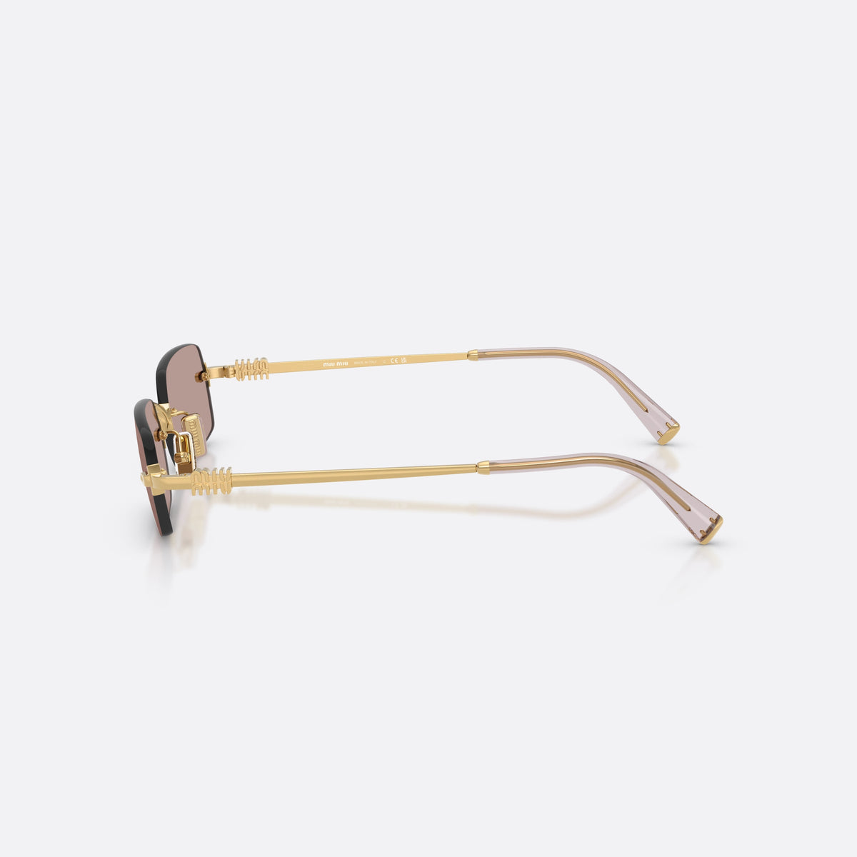 Ochelari de soare Miu Miu MU B50S 5AK20I, rectangulari auriu, pentru femei, punte metalică subțire, literele brandului pe brațe, vedere laterală