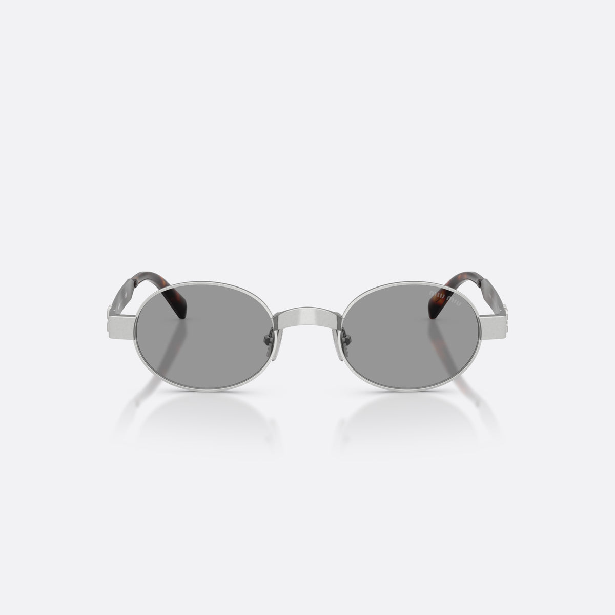 Miu Miu MU B51S 21M50Q sunglasses, silver oval frame for women, plain metal bridge, brand lettering on temples, front view