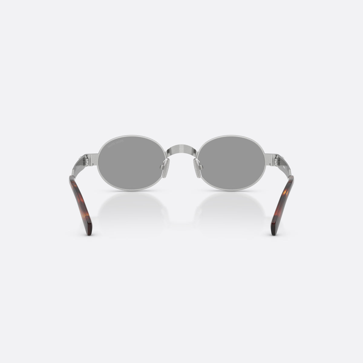 Miu Miu MU B51S 21M50Q sunglasses, silver oval frame for women, plain metal bridge, brand lettering on temples, back view