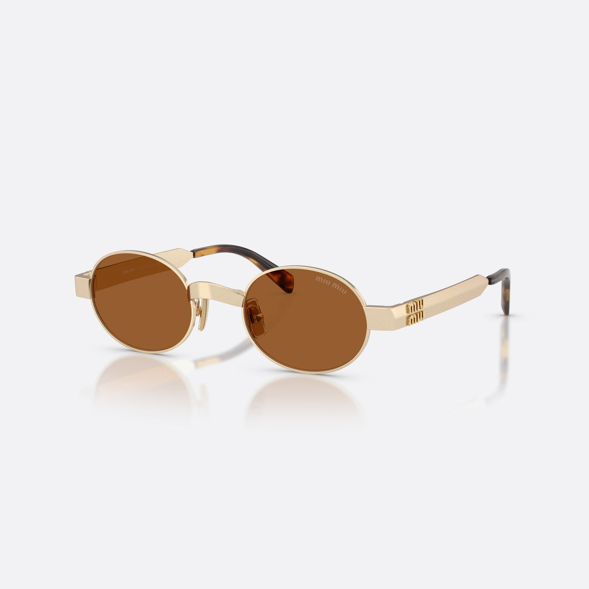 Ochelari de soare Miu Miu MU B51S 22M20V, ovali auriu, pentru femei, punte metalică simplă, placă cu logo-ul brandului pe braț