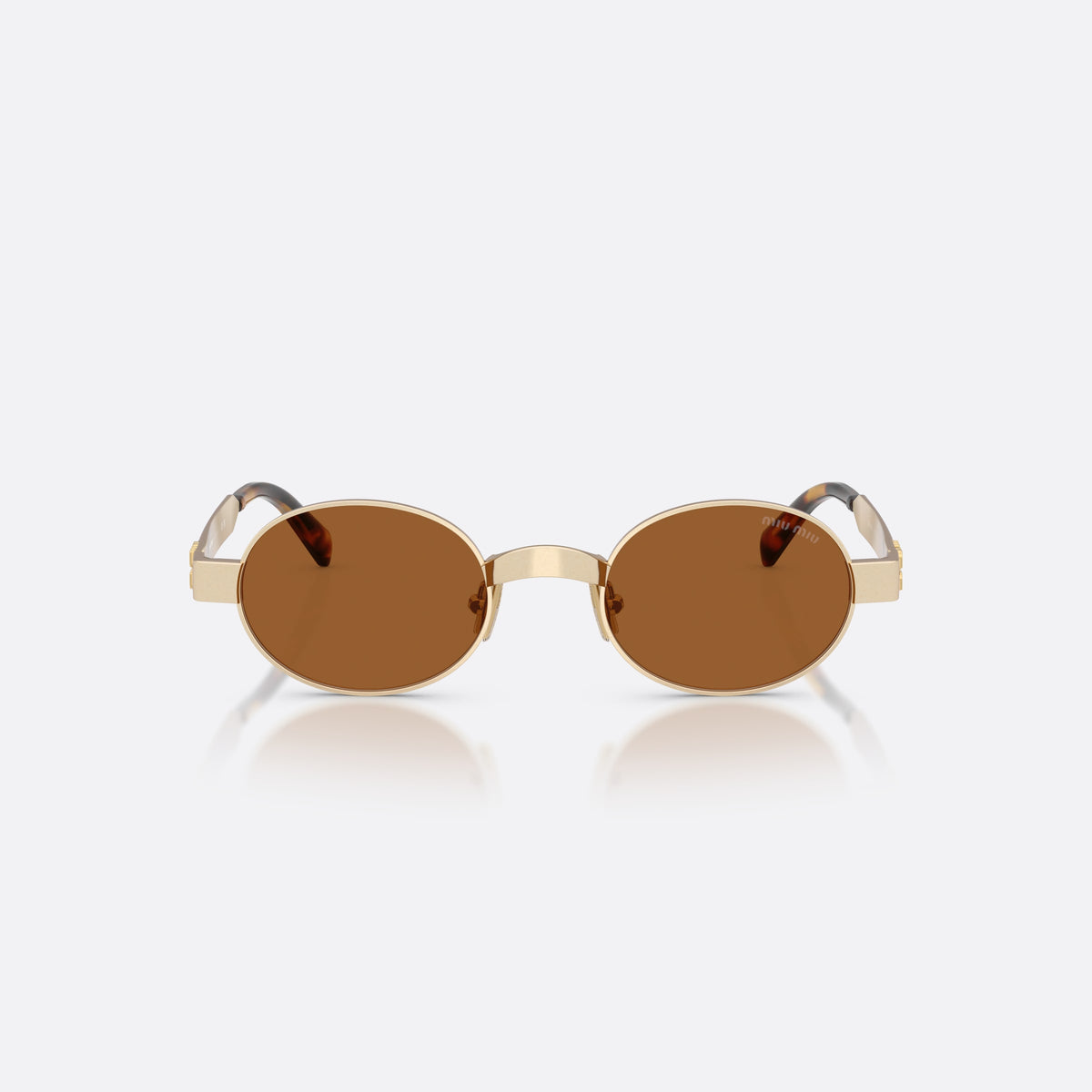 Ochelari de soare Miu Miu MU B51S 22M20V, ovali auriu, pentru femei, punte metalică simplă, placă cu logo-ul brandului pe braț, vedere din față
