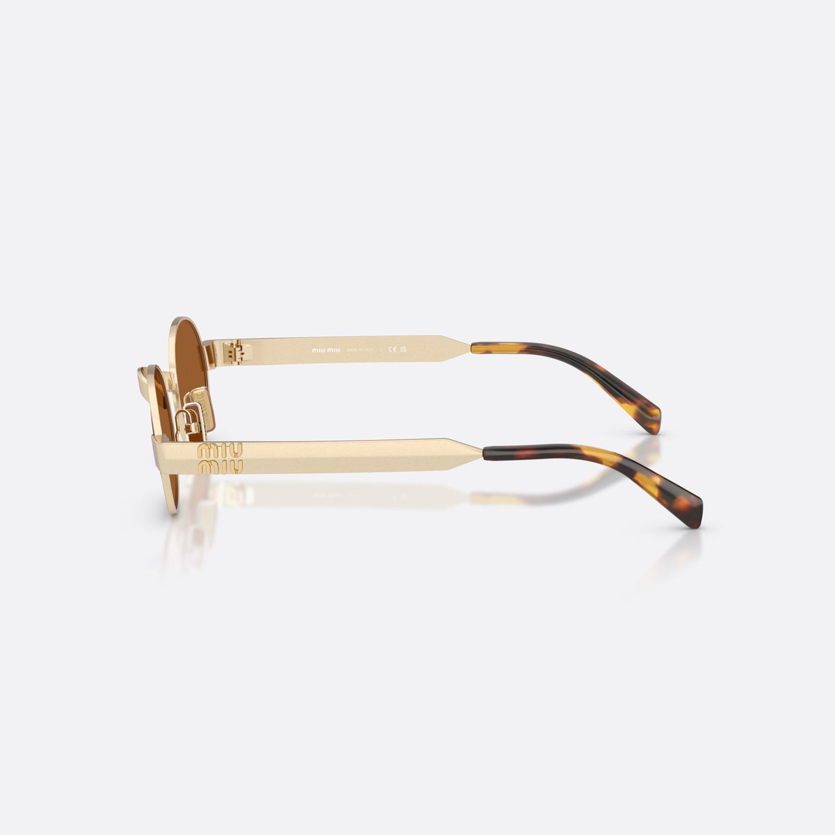 Ochelari de soare Miu Miu MU B51S 22M20V, ovali auriu, pentru femei, punte metalică simplă, placă cu logo-ul brandului pe braț, vedere laterală