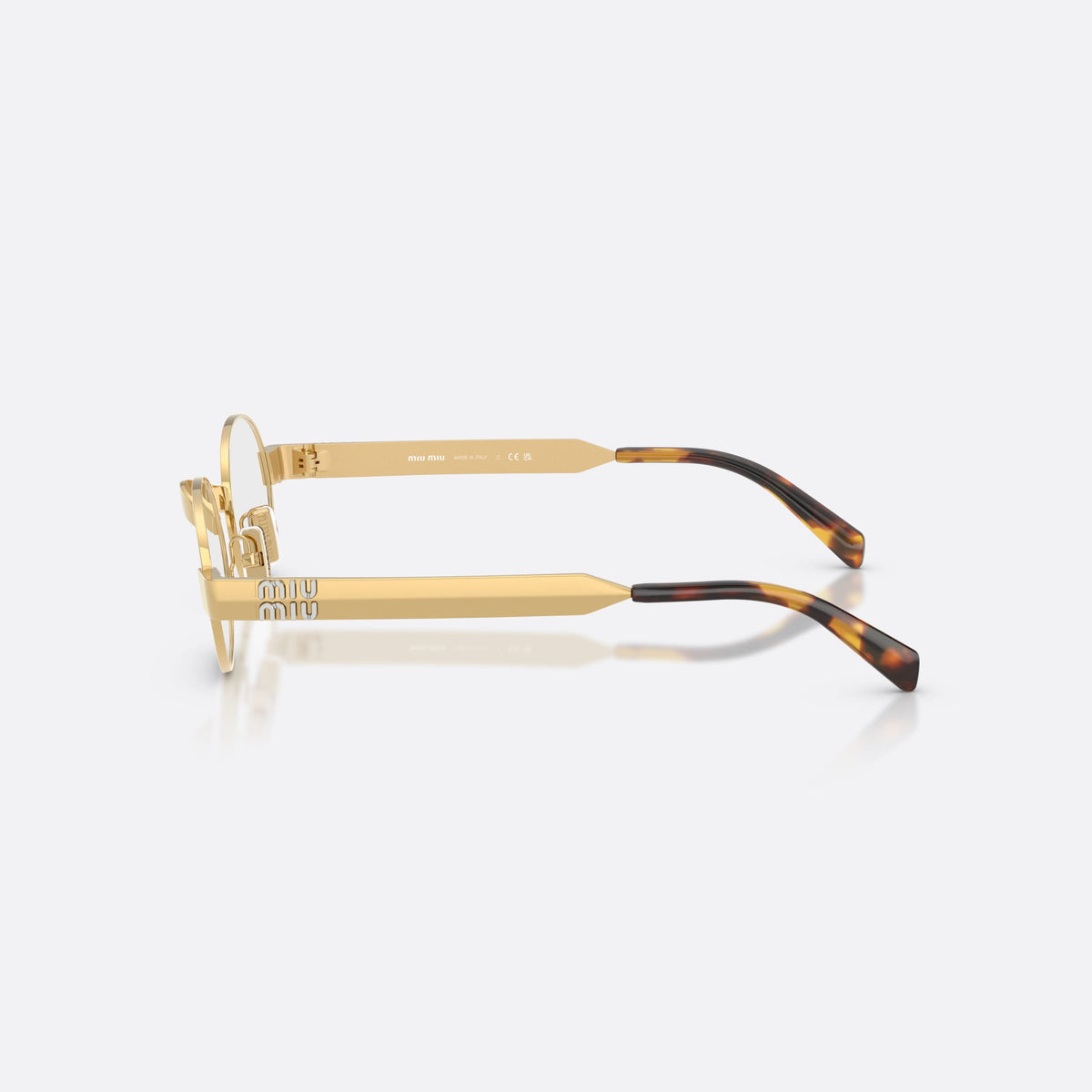Ochelari de soare Miu Miu MU B51S 5AK10W, ovali auriu, pentru femei, punte metalică simplă, logo al brandului pe brațe, vedere laterală