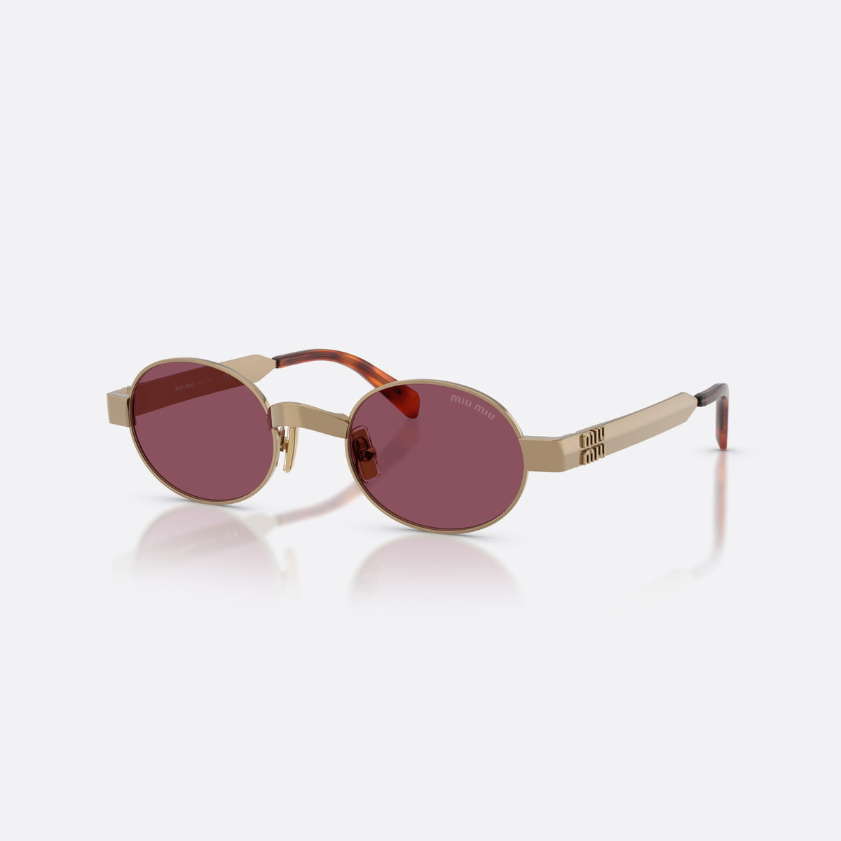 Miu Miu MU B51S 7OE30Y sunglasses, brown oval frame for women, metal saddle bridge, brand lettering on temples