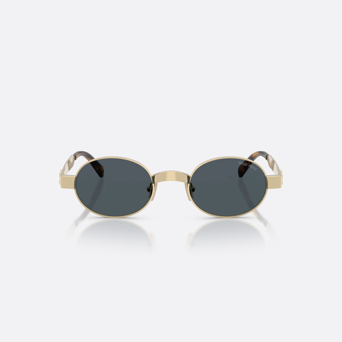 Miu Miu MU B51S ZVN70B sunglasses, gold oval frame for women, plain metal bridge, brand lettering on temples, front view