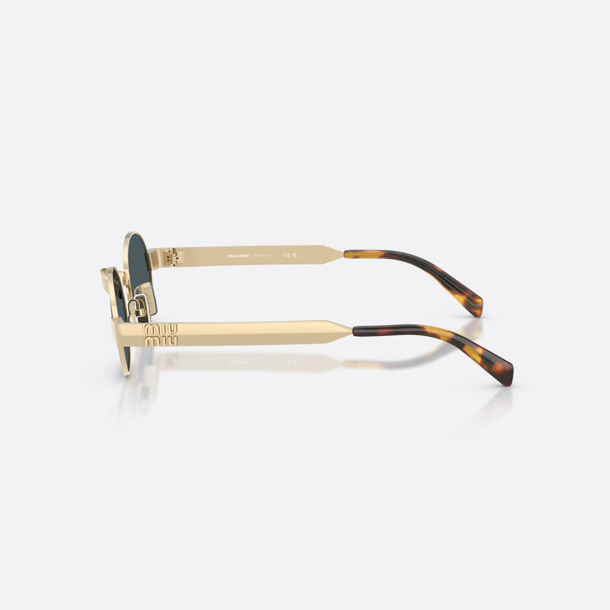Miu Miu MU B51S ZVN70B sunglasses, gold oval frame for women, plain metal bridge, brand lettering on temples, side view