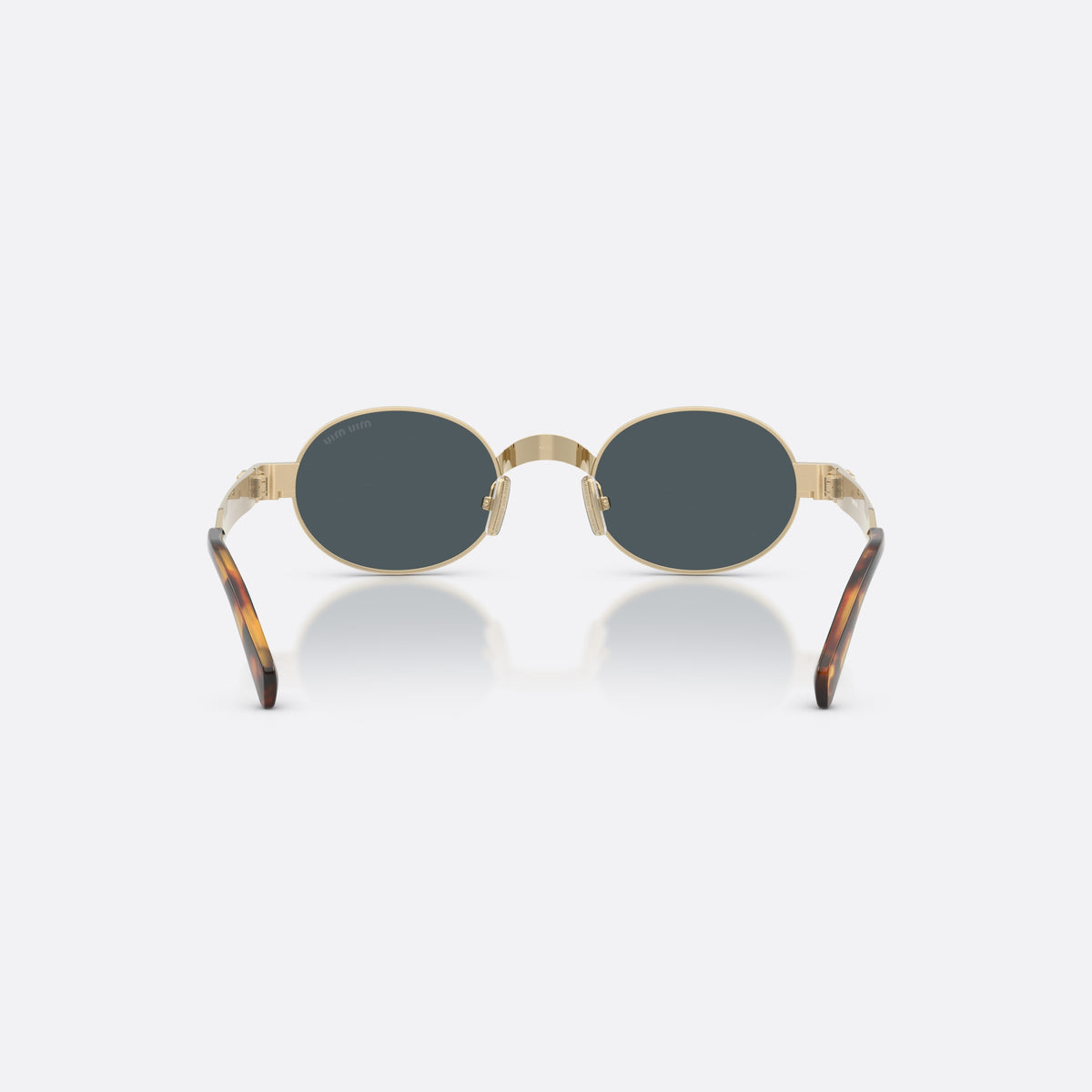 Miu Miu MU B51S ZVN70B sunglasses, gold oval frame for women, plain metal bridge, brand lettering on temples, back view