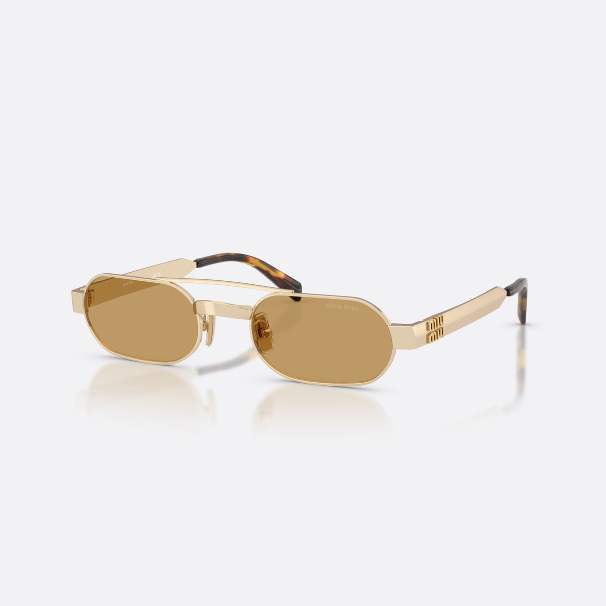 Miu Miu MU B52S 22M10Y sunglasses, gold oval frame for women, double bridge with top bar, brand lettering on temples