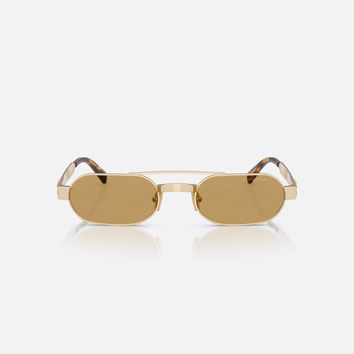 Miu Miu MU B52S 22M10Y sunglasses, gold oval frame for women, double bridge with top bar, brand lettering on temples, front view