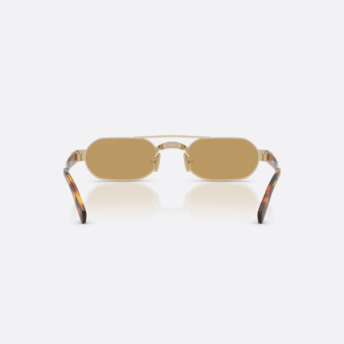 Miu Miu MU B52S 22M10Y sunglasses, gold oval frame for women, double bridge with top bar, brand lettering on temples, back view