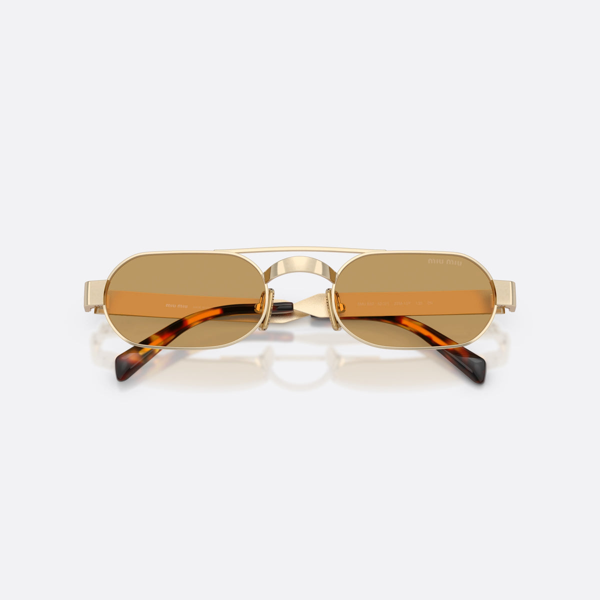 Miu Miu MU B52S 22M10Y sunglasses, gold oval frame for women, double bridge with top bar, brand lettering on temples, folded