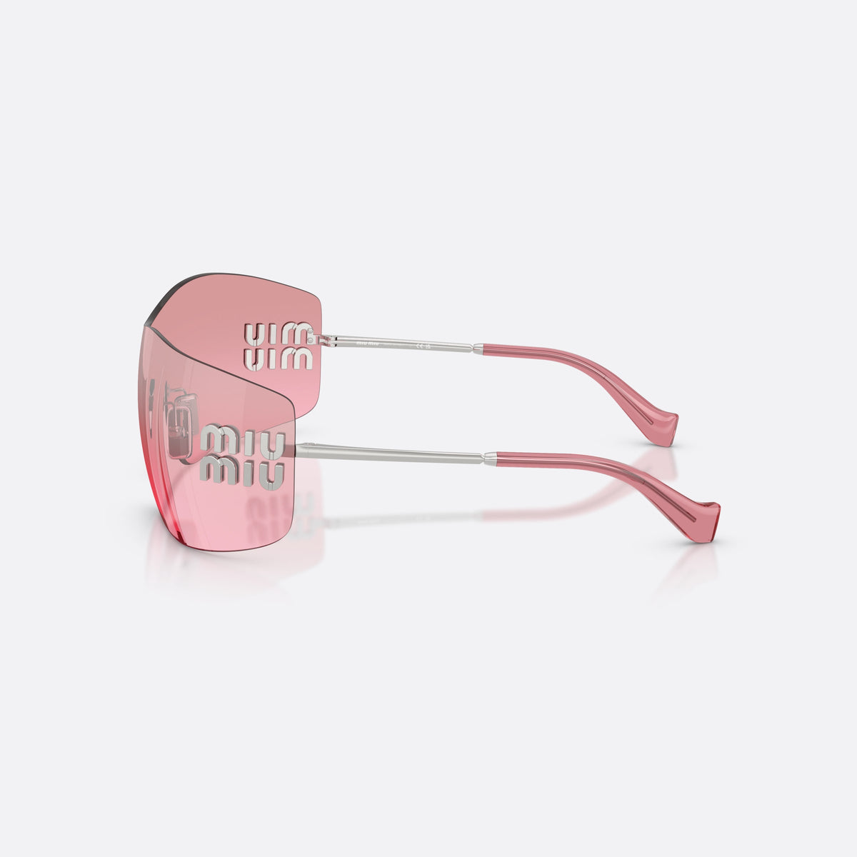Miu Miu MU B53S 1BC70Y sunglasses, silver rectangle frame for women, integrated bridge over lens, brand lettering on the temples, side view