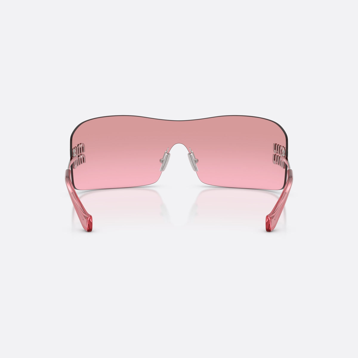 Miu Miu MU B53S 1BC70Y sunglasses, silver rectangle frame for women, integrated bridge over lens, brand lettering on the temples, back view