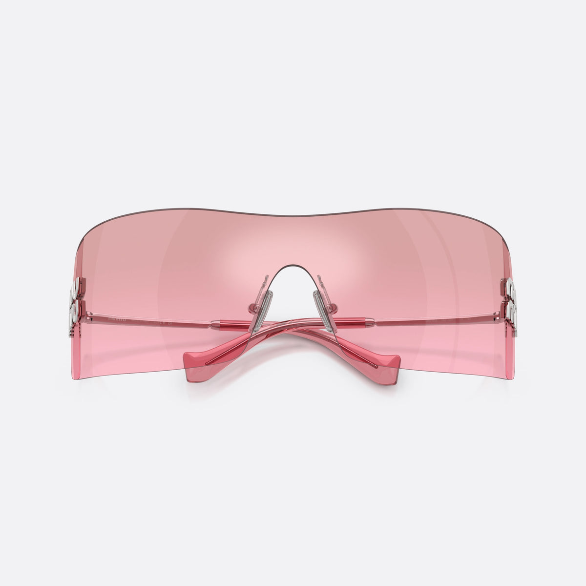 Miu Miu MU B53S 1BC70Y sunglasses, silver rectangle frame for women, integrated bridge over lens, brand lettering on the temples, folded