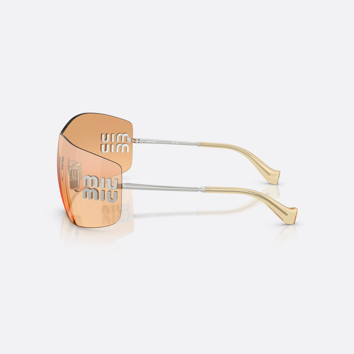 Miu Miu MU B53S 1BC80Y sunglasses, silver rectangle frame for women, keyhole bridge, brand lettering on lenses, side view