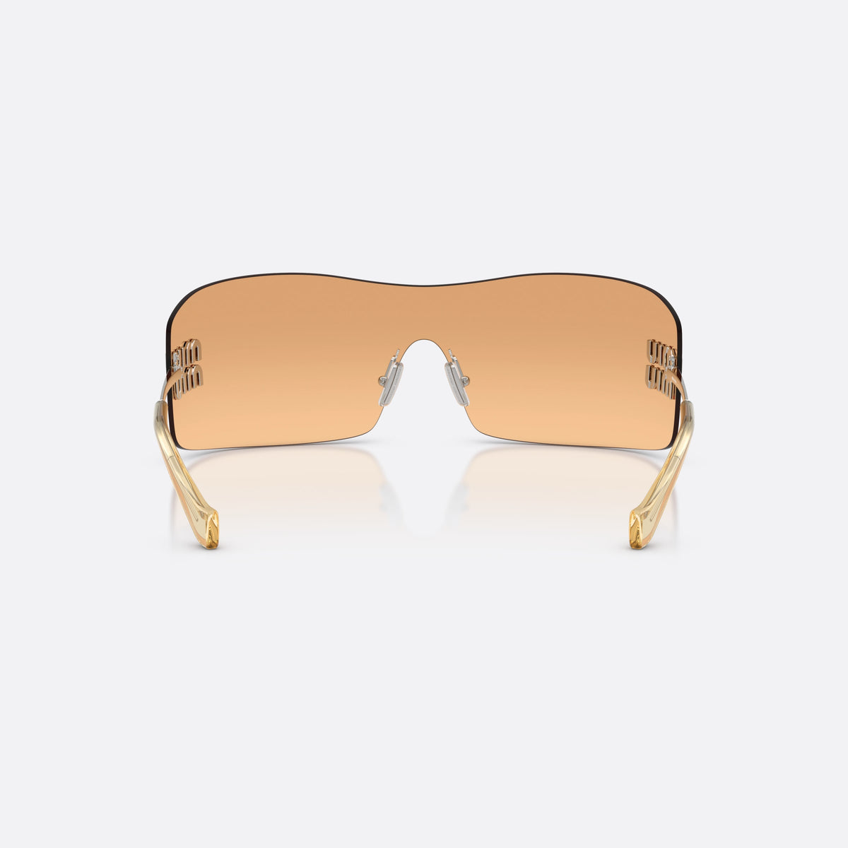 Miu Miu MU B53S 1BC80Y sunglasses, silver rectangle frame for women, keyhole bridge, brand lettering on lenses, back view