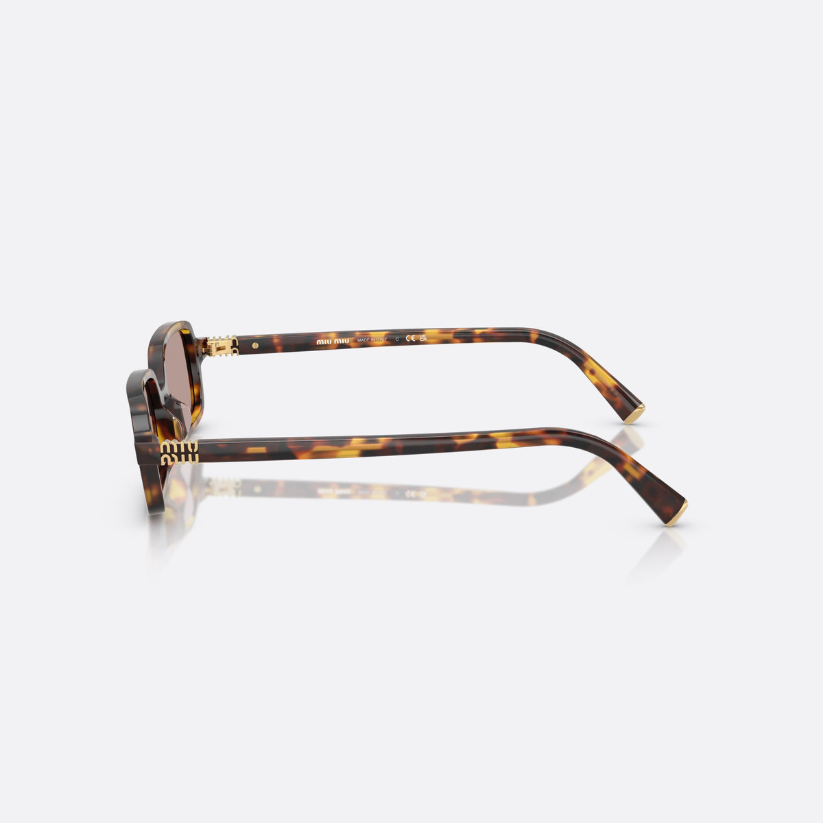 Miu Miu Regard MU 11ZS 14L20I sunglasses, havana rectangle frame for women, plain double bridge, brand lettering on temples, side view
