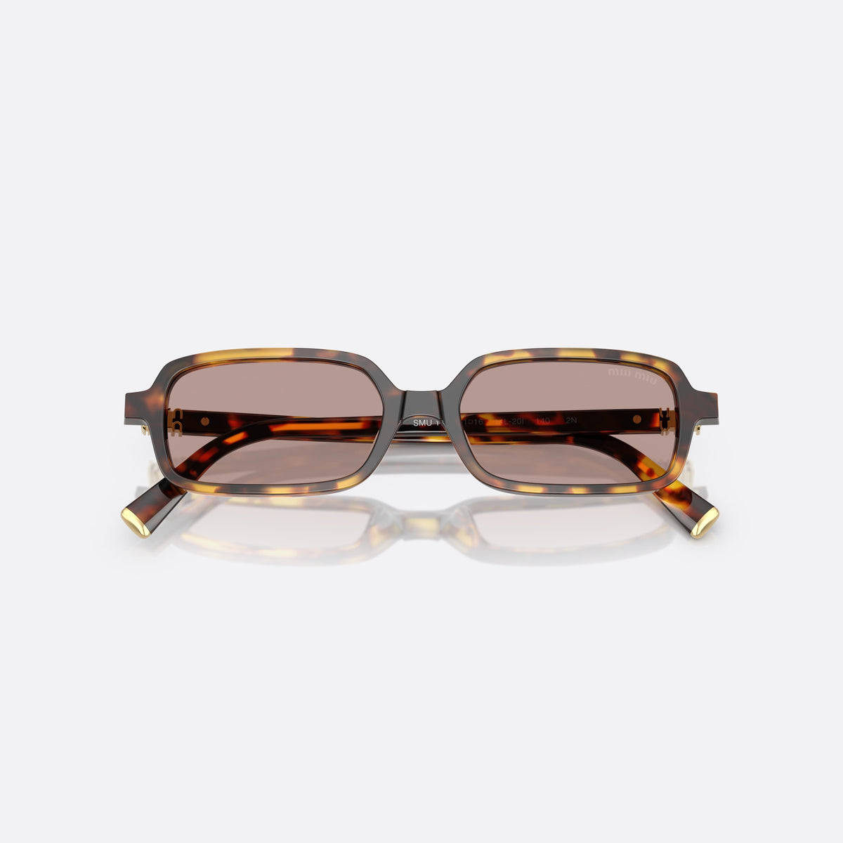 Miu Miu Regard MU 11ZS 14L20I sunglasses, havana rectangle frame for women, plain double bridge, brand lettering on temples, folded