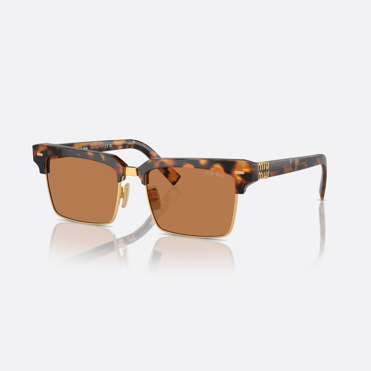 Ochelari de soare Miu Miu Runway MU 10ZS 19P-2Z1, patrati havana, pentru femei, punte metalică aurie, literele brandului pe brațe