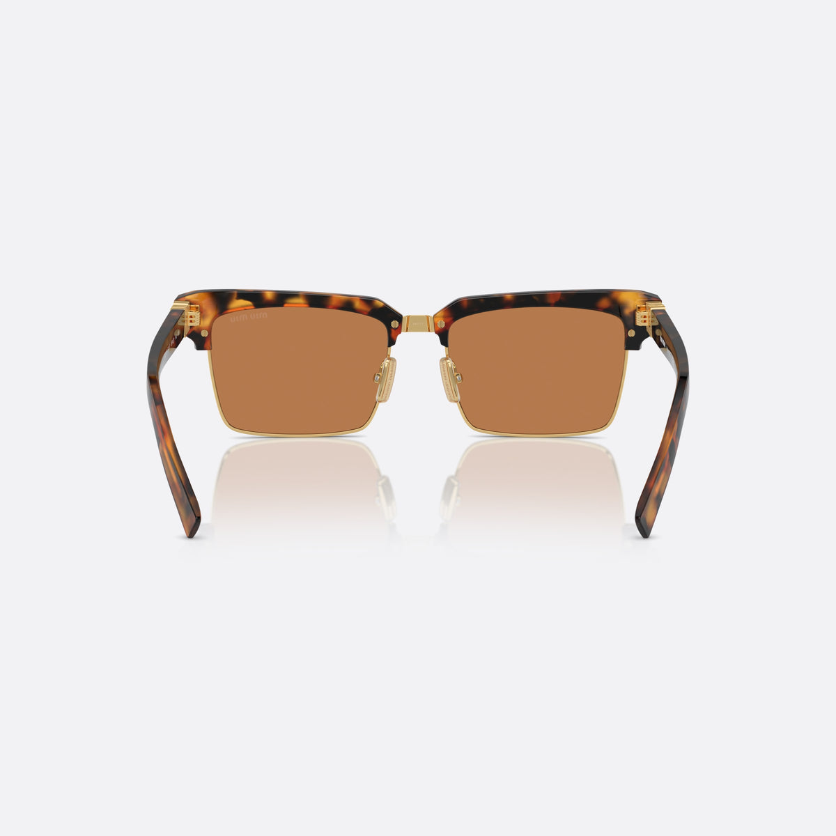 Ochelari de soare Miu Miu Runway MU 10ZS 19P-2Z1, patrati havana, pentru femei, punte metalică aurie, literele brandului pe brațe, vedere din spate