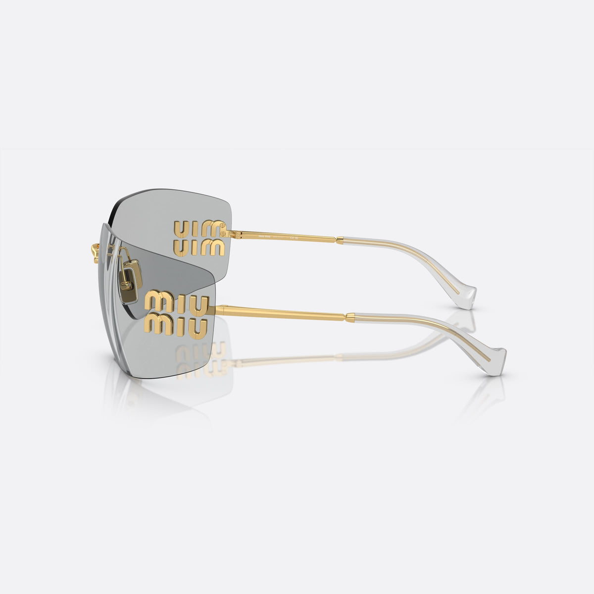 Miu Miu Runway MU 54YS 5AK3/0B sunglasses, gold geometric frame for women, metal bridge, brand lettering on temples, side view