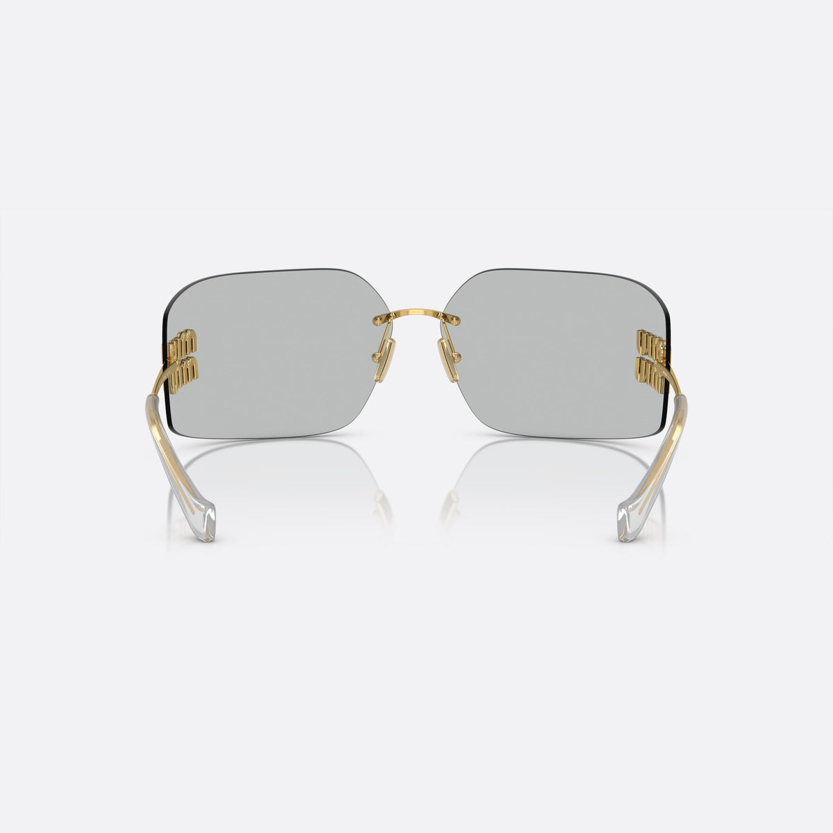 Miu Miu Runway MU 54YS 5AK3/0B sunglasses, gold geometric frame for women, metal bridge, brand lettering on temples, back view