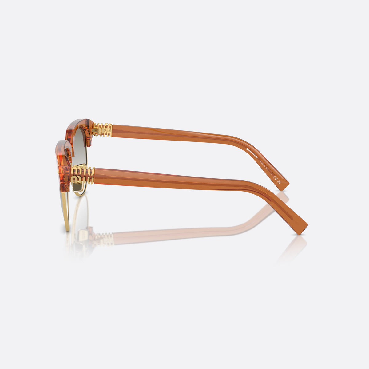 Miu Miu SMU 09ZS 15T-8K1 sunglasses, brown pilot frame for women, metal double bridge, brand lettering on temples, side view