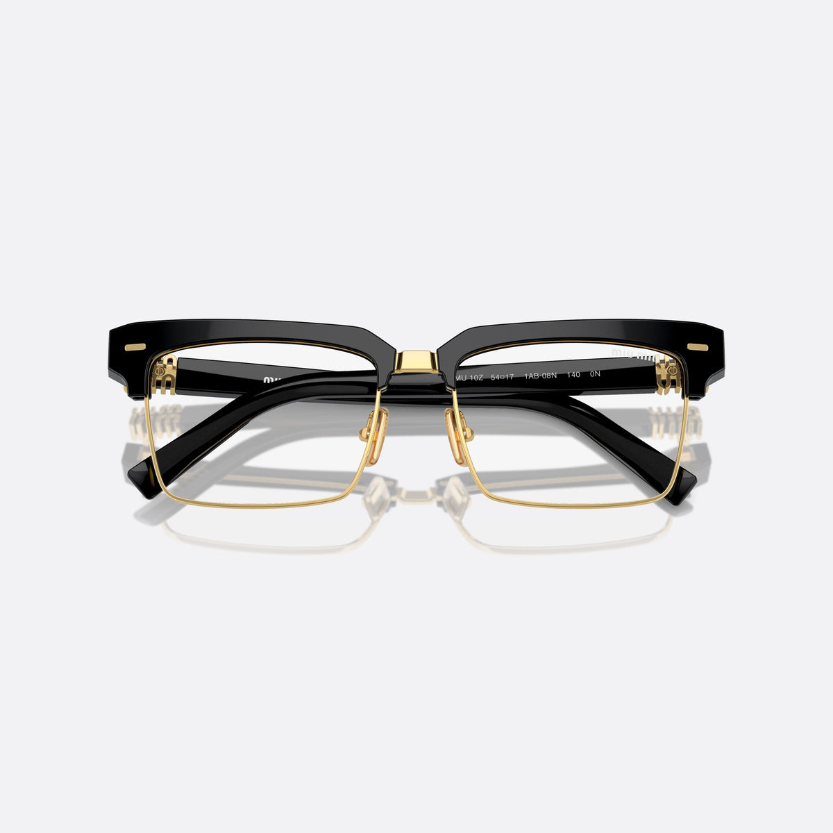 Miu Miu MU 10ZS 1AB-08N sunglasses, black squared frame for women, metal double bridge, brand lettering on temples, folded