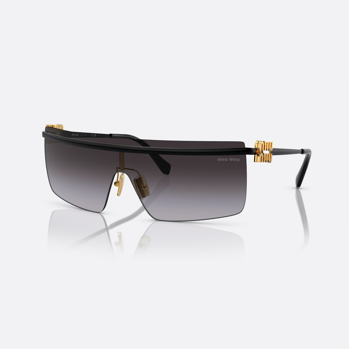 Miu Miu SMU 50ZS 1AB-5D1 B sunglasses, black geometric frame for women, plain metal bridge, brand lettering on temples